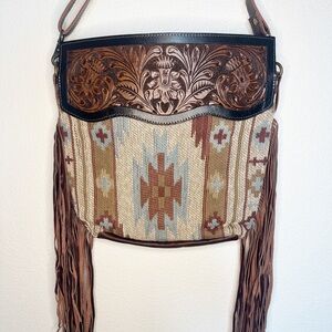 Tooled Leather Western Fringe Aztec Patterned Purse